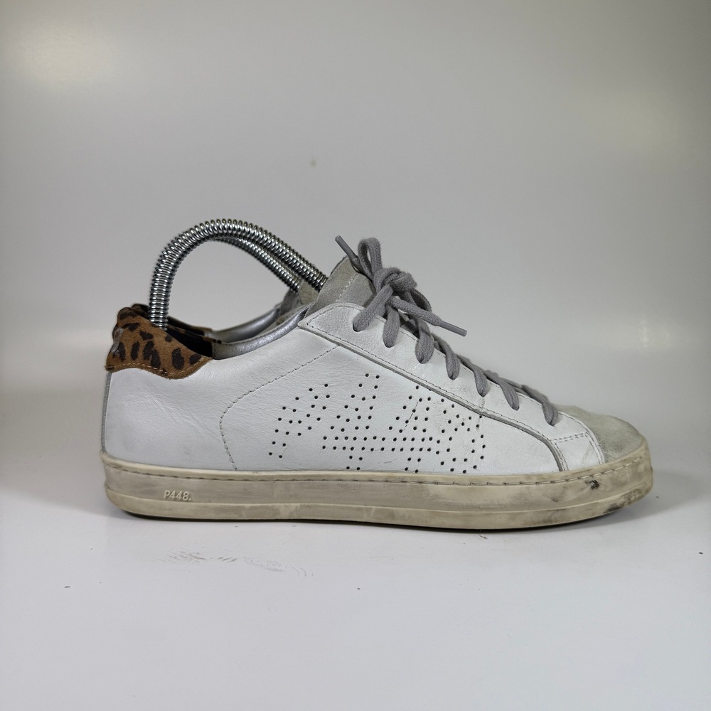 P448 John White Leather Leopard Trim Perforated Low Top Sneakers Size 38